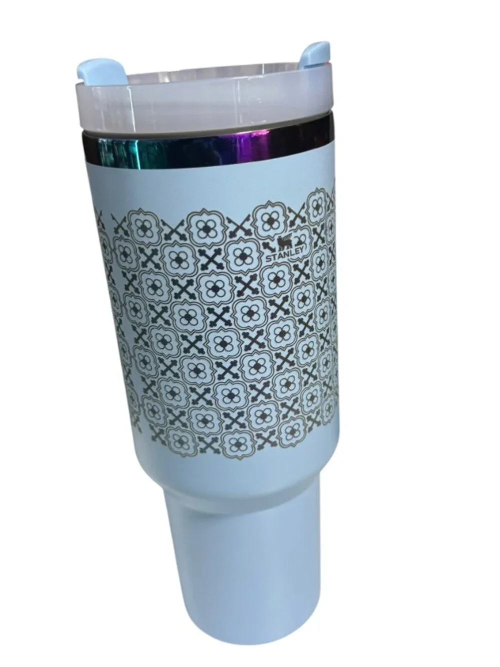 Stanley Engraved Tumbler with Handle, Light Blue Floral Pattern